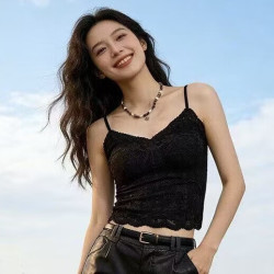 千奈美 法式轻奢蕾丝吊带背心美背带胸垫 黑色