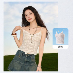 千奈美 法式轻奢蕾丝吊带背心美背带胸垫 米色