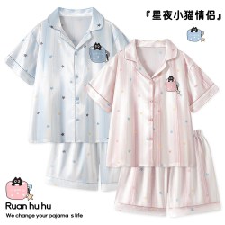 另约 可爱小猫情侣装睡衣女凉感冰丝绸2026夏季薄款短袖男士家居服套装 黑猫 女款  M