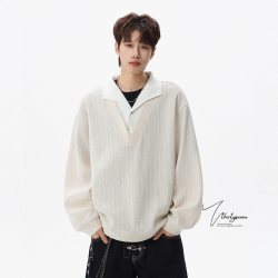 V37 美式小众肌理感假两件翻领卫衣男秋季拼接高级感休闲长袖上衣