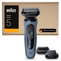 Braun 博朗 5 系列男士电动剃须刀,50 分钟电池寿命,+2 个附件,男士无线干湿两用剃须刀,德国制造,防水,52-A1820si,天蓝色