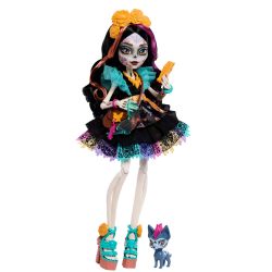 Monster High - Skelita Calaveras 娃娃身着彩色Papel Picado 连衣裙,带狗烛台和 7 个配件,如绘画垫、零食和单肩包,JHK34