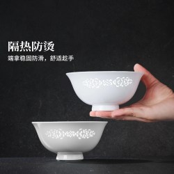 景德镇 官方陶瓷玲珑雕刻高温纯白饭碗合集家用吃饭碗个人专用碗