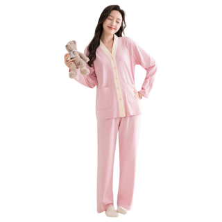 芬腾 纯棉撞色V领小熊 粉色 L 家居服套装