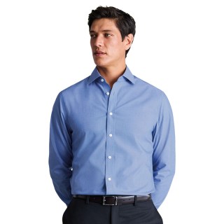 CHARLES TYRWHITT 修身版型中蓝色免烫弹力府绸温莎领衬衫纯棉