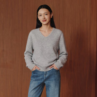 伊芙丽 V领无缝全羊毛彩点打底衫 浅灰 L