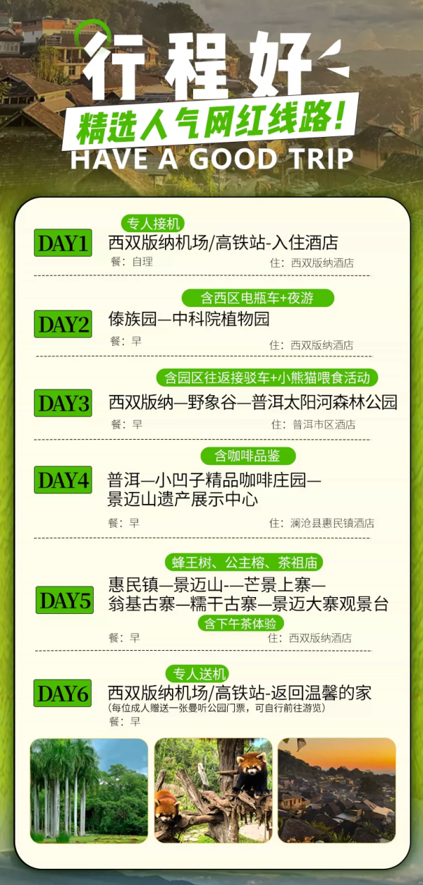 云南旅游私家团西双版纳+普洱+景迈山6天5晚