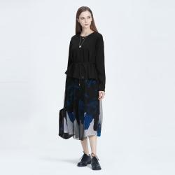 S.DEER 时尚圆领收腰印花网纱假两件连衣裙