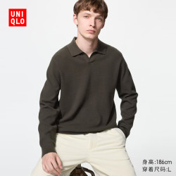 优衣库 罗纹半开领针织polo衫/长袖男装女装T恤487157 39 棕黑色 2XL