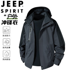 JEEP SPIRIT 吉普冲锋衣男春秋夹克外套宽松连帽户外运动登山服男装 深灰  XL