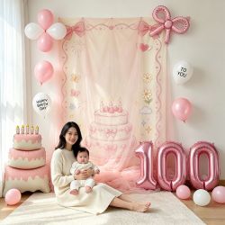 寻年味 新生儿100天百日派对装饰ins温柔粉纱幔挂布数字气球家庭拍照背景