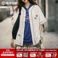 马登 美式复古棒球服短袖开衫五分袖宽松街舞衬衫小众球上衣女士秋 米杏  M (120-150斤)