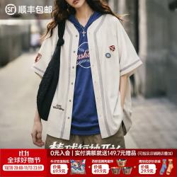 马登 美式复古棒球服短袖开衫五分袖宽松街舞衬衫小众球上衣女士秋 米杏  M (120-150斤)