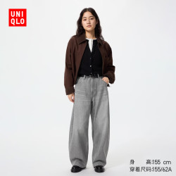 优衣库 宽松廓形牛仔裤/偏短款女装男装/弯刀镰刀裤488701