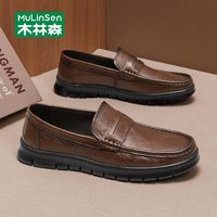 移动端：木林森 头层牛皮男士乐福鞋冬季真皮软底一脚蹬休闲皮鞋公务豆豆鞋