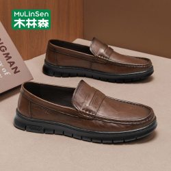 木林森 头层牛皮男士乐福鞋冬季真皮软底一脚蹬休闲皮鞋公务豆豆鞋