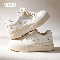 TTKJ 奶白小花鞋2026秋季新款花朵韩系小白鞋女鞋厚底增高圆头板鞋