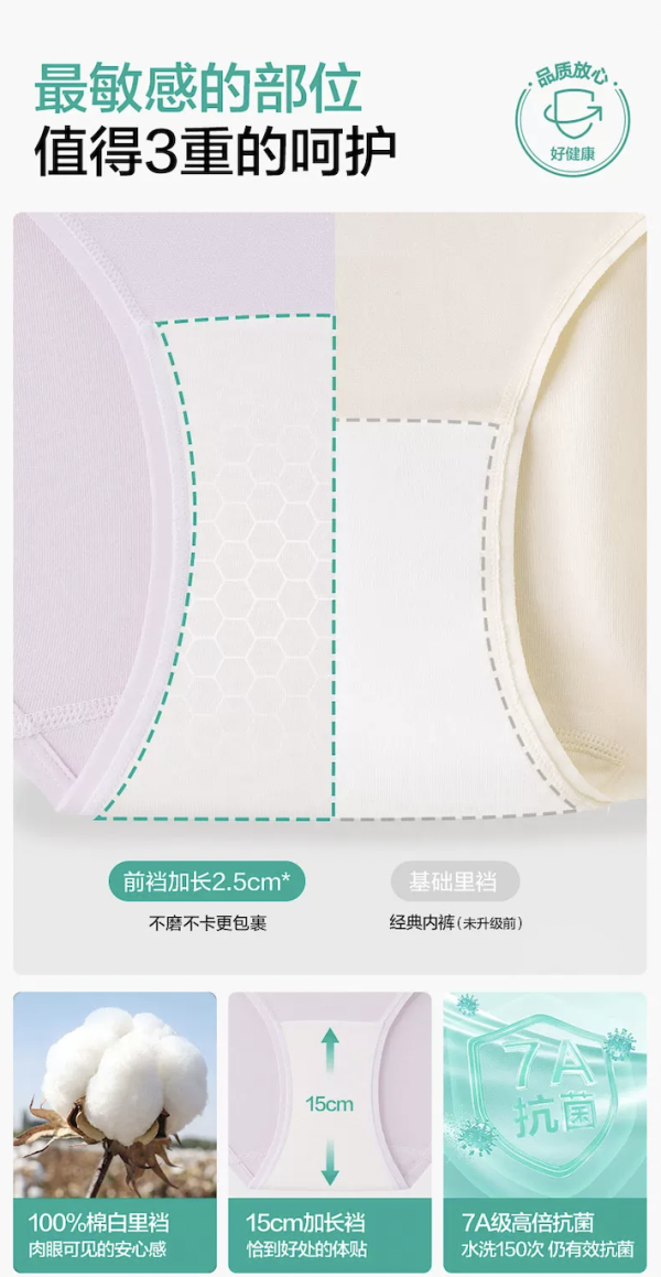 20点开始：全棉时代 【抗菌无痕】女士经典纯棉内裤三角裤包臀短款 6条装