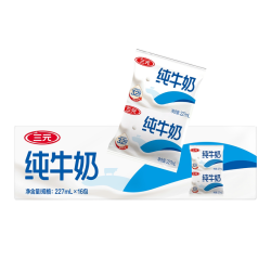 三元 方白3.2g蛋白纯牛奶227ml*16袋整箱装家庭早餐奶