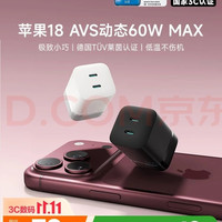 酷态科 苹果18promax充电头AVS 60W氮化镓充电器双C口type-C快充适用iPhone18Duo/17CP6电能充Mini