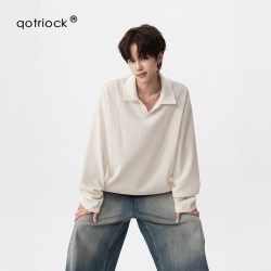 QOTRIOCK 复古麦穗纹polo领卫衣男女秋季老钱风V领长袖T恤宽松肌理感套头衫