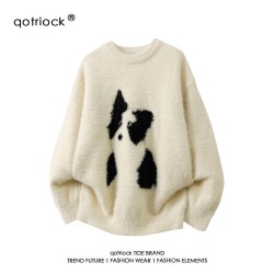 QOTRIOCK 马海毛卡通小狗圆领毛衣男女秋冬复古慵懒感宽松休闲加厚针织外套