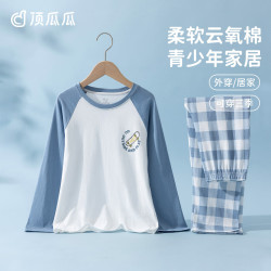 顶瓜瓜 男童睡衣套装纯棉透气A类长袖空调服青少年儿童家居服 蓝色  170