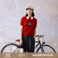 西町村屋 小狗提花圆领毛衣女秋季新款休闲短袖小衫