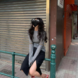 2025新款灰色长袖针织衫女早春秋毛衣薄款微透修身显瘦内搭上衣女