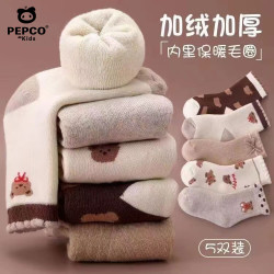 小猪班纳 咖色加绒加厚毛圈 袜子  五双