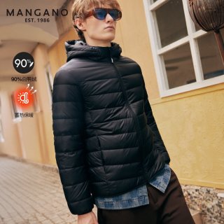 MANGANO 男士黑色连帽轻薄羽绒服冬季90鸭绒轻奢休闲保暖短外套