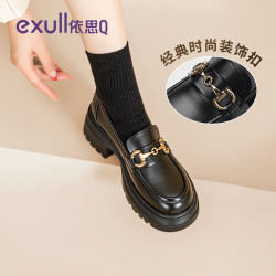 依思Q 依思 Q（exull）厚底乐福鞋女2026新款粗跟英伦风小皮鞋增高黑色女鞋 黑色 马衔扣-厚底
