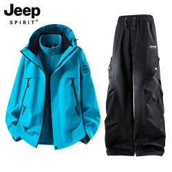 JEEP SPIRIT 吉普冲锋衣套装女三合一2026新款秋冬新疆旅游登山滑雪保暖运动服 潜水蓝套装