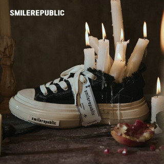 SMILEREPUBLIC 70s经典黑色/白色休闲鞋厚底增高圆头低帮帆布鞋1 黑色 38