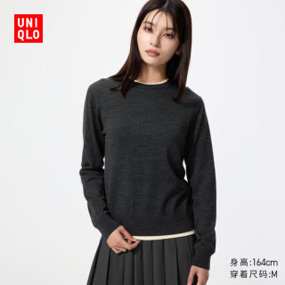 优衣库 精纺美利奴羊毛圆领针织衫/长袖女装通勤485303 478330 485303/08深灰色