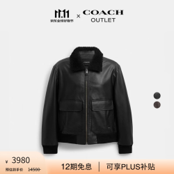 COACH 奥莱男士羊毛皮领皮革FLIGHT夹克外套户外保暖 黑色 L