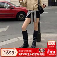 蹀愫柔软默契26秋冬新羊皮增高3.5西部风骑士堆堆长靴T76703A-04 黑松露 36