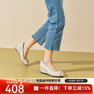DG 羊皮单鞋女坡跟内增高女鞋2026新款春季舒适妈妈皮鞋 米白色 34 (220mm)