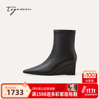 蹀愫保价双11时髦法则26秋冬新羊皮6cm坡跟时装靴黑色短靴T76709A-01 黑松露 36