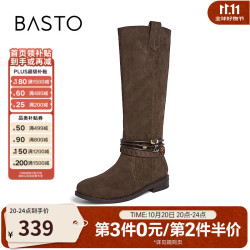 百思图 冬新款堆堆靴西部靴大筒围复古女加绒高筒长靴W5862DG5 深啡 38