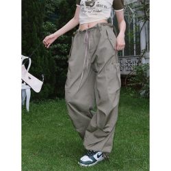 美式复古街头女装辣妹绿色工装裤女设计感降落伞裤束脚休闲裤 军绿色 现货 S