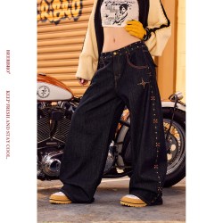 原牛色秋冬侧缝烫铜片装饰阔腿弯刀牛仔裤 原牛色 S