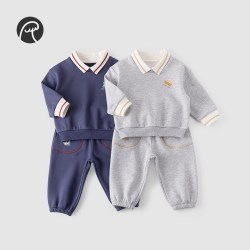 乖奇熊 男童卫衣套装春秋季男宝宝帅气两件套外出衣服 藏蓝 80