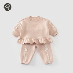 乖奇熊 女童卫衣套装春秋季女宝宝衣服裤子外出秋装两件套 花笺粉 80