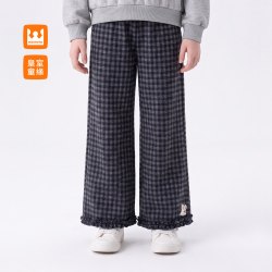 皇室童缘 女童直筒裤加绒加厚复古格纹花边裤冬季2026新款儿童长裤