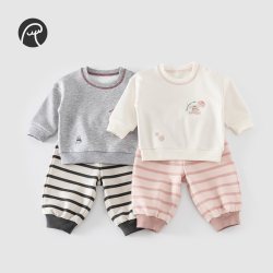 乖奇熊 男女宝宝卫衣套装春秋季儿童洋气衣服裤子外出两件套婴幼条纹卫裤 花灰 80