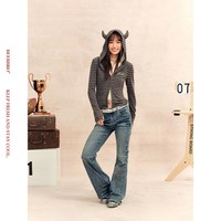 条纹双拉链恶魔角连帽开衫巨好看的短外套女 黑灰条纹 M