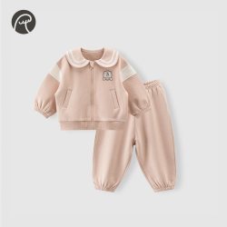 乖奇熊 女童卫衣外套套装春秋季女宝宝衣服裤子外出两件套 花笺粉 90