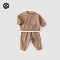 乖奇熊 男童卫衣套装春秋季男宝宝衣服裤子洋气外出两件套 茶棕 90