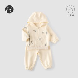 乖奇熊 男宝宝连帽卫衣套装春秋季男童运动外套秋装衣服裤子外出两件套 米黄 90